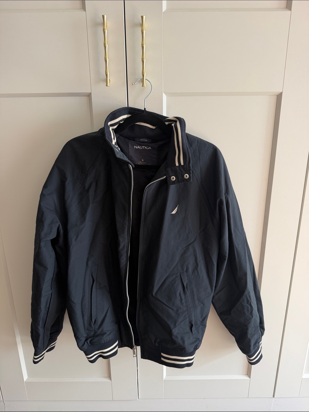 Nautica Men’s Dark Navy Bomber Jacket with Striped Trim